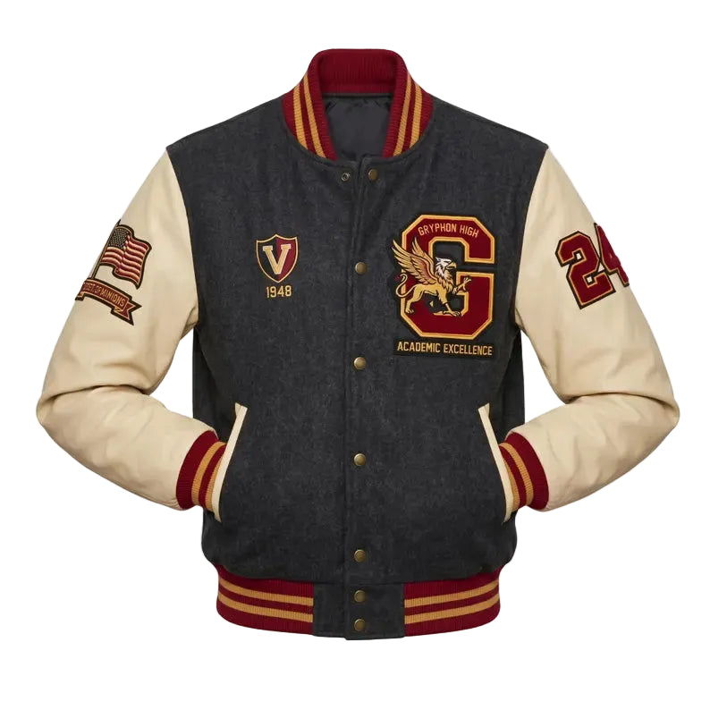 Custom Gryphon Letterman Varsity Jacket - High School Athletic Wool Body Leather Sleeves