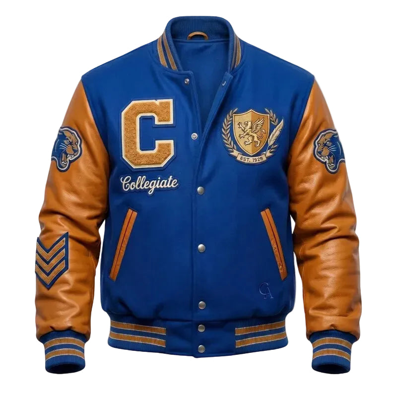 Custom Collegiate University Panthers Varsity Jacket - Blue Wool Body Tan Leather Sleeves