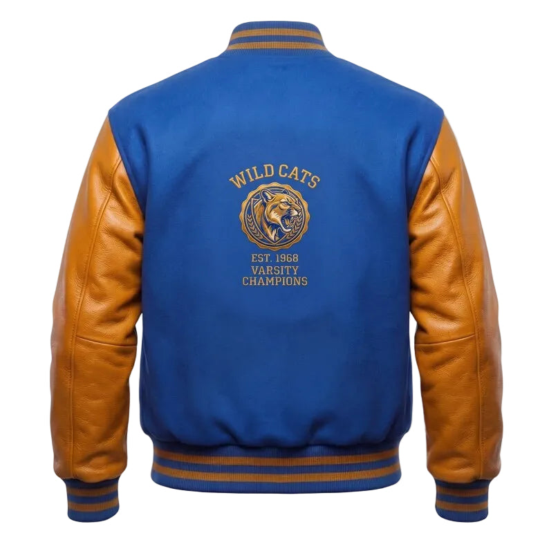 Custom Wildcats Varsity Champions Letterman Jacket - Blue Wool Body Tan Leather Sleeves