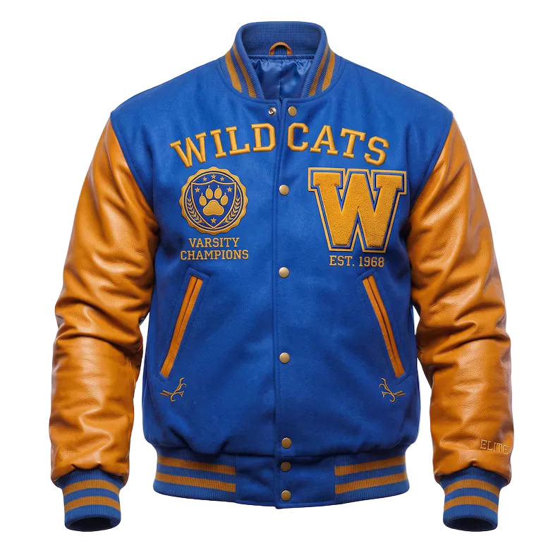 Custom Wildcats Varsity Champions Letterman Jacket - Blue Wool Body Tan Leather Sleeves