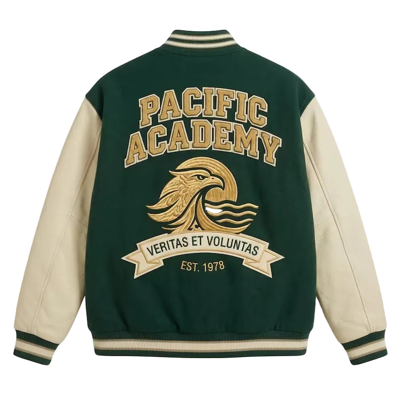 Custom Pacific Academy Varsity Jacket - Forest Green Wool Body Cream Leather Sleeves Letterman Coat