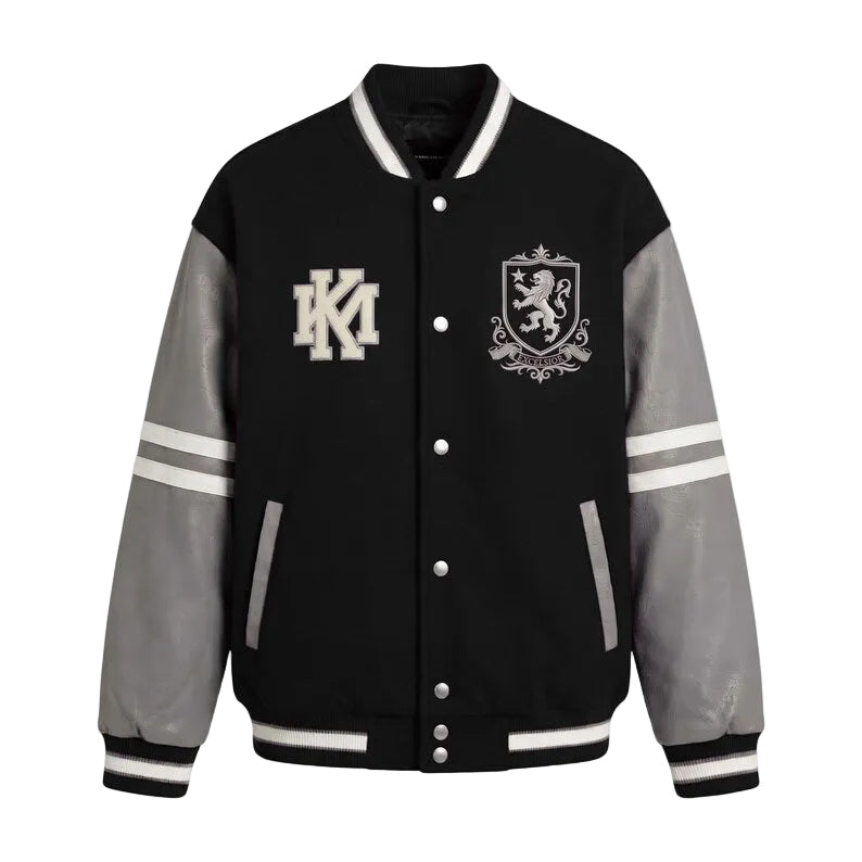 Custom Lion Crest Letterman Varsity Jacket - Black Wool Body Grey Leather Sleeves Coat