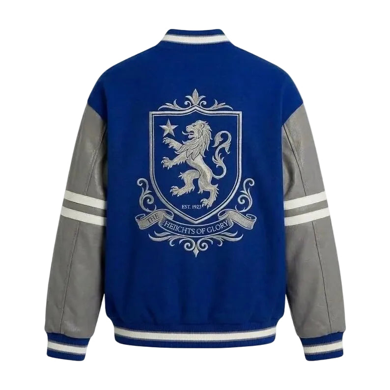 Custom Royal Blue Lion Crest Letterman Varsity Jacket - Blue Wool Body Grey Leather Sleeves