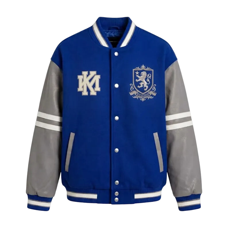 Custom Royal Blue Lion Crest Letterman Varsity Jacket - Blue Wool Body Grey Leather Sleeves