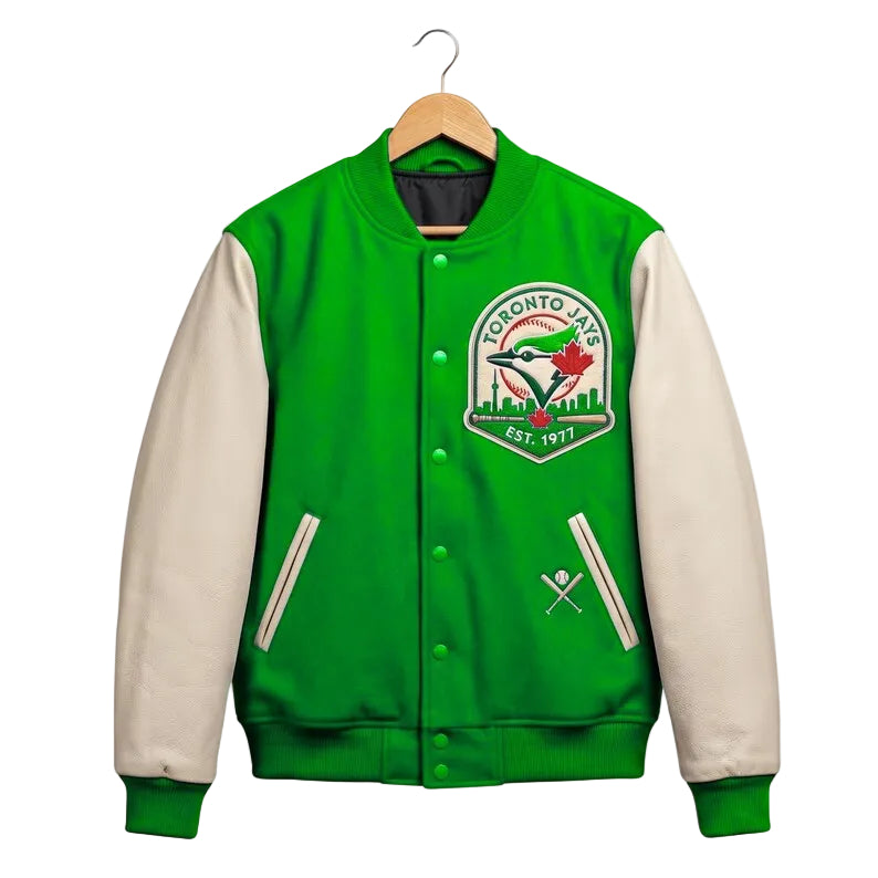 Custom Toronto Baseball Jays Varsity Jacket - Wool Body Off-White Leather Sleeves Bomber