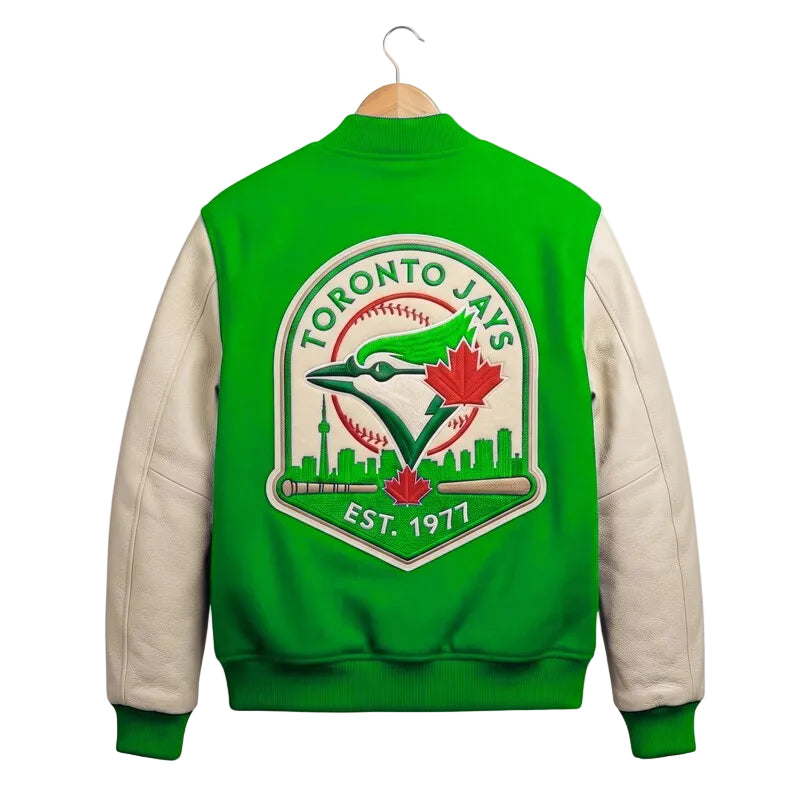Custom Toronto Baseball Jays Varsity Jacket - Wool Body Off-White Leather Sleeves Bomber