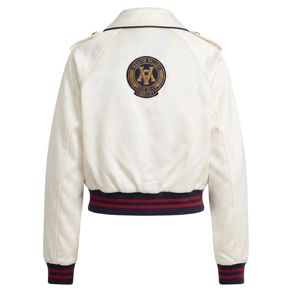 Off-White Satin Cropped Varsity Jacket - Marion Valley Collegiate Bomber