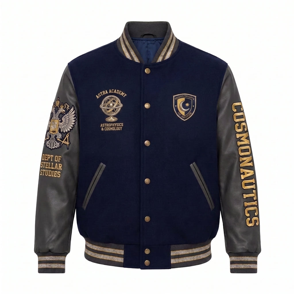 The Astra Academy "Cosmonautics" Varsity Jacket – Premium Navy Wool & Leather Space Bomber
