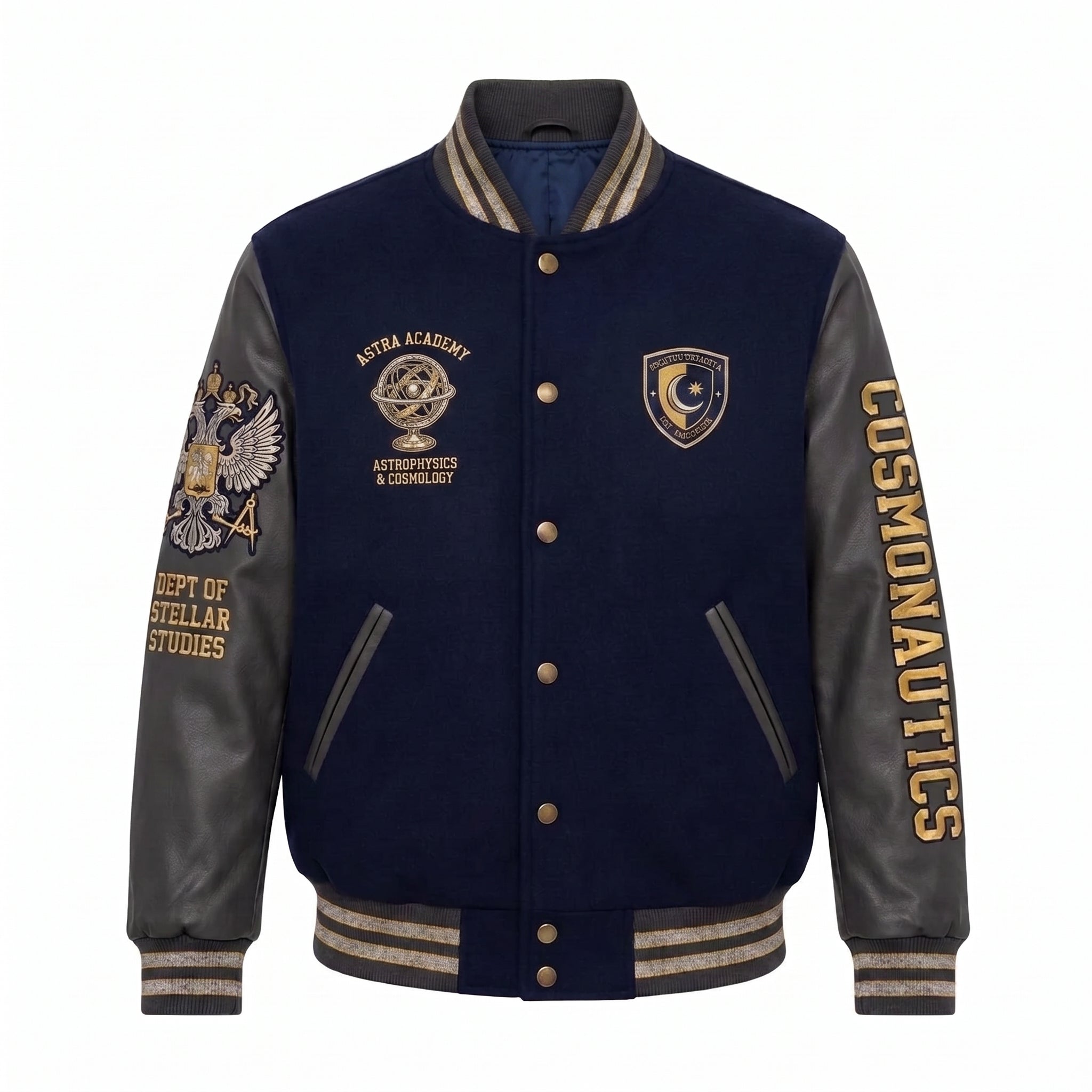 The Astra Academy "Cosmonautics" Varsity Jacket – Premium Navy Wool & Leather Space Bomber
