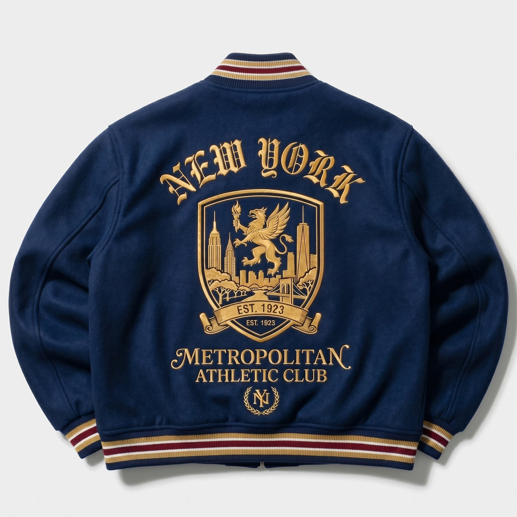 ASC New York Metropolitan Athletic Club Varsity Jacket Navy Blue Wool Bomber Coat