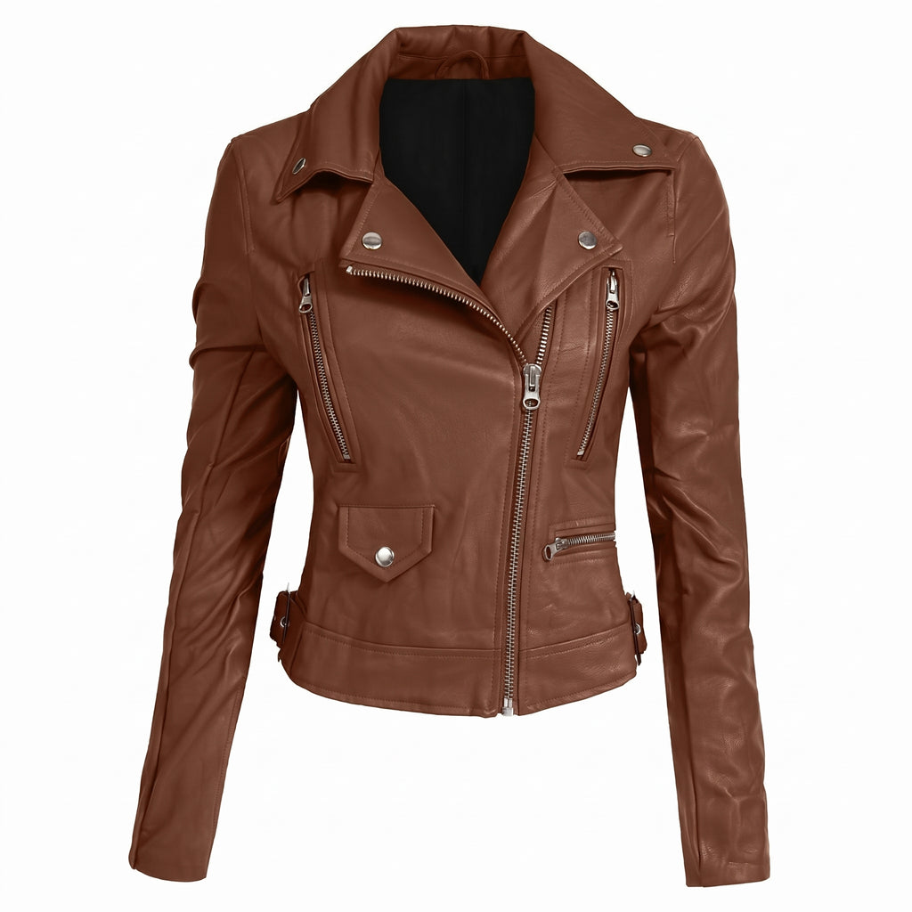 Women’s Brown Leather Biker Jacket – Slim Fit Moto Jacket, Asymmetrical Zip Motorcycle