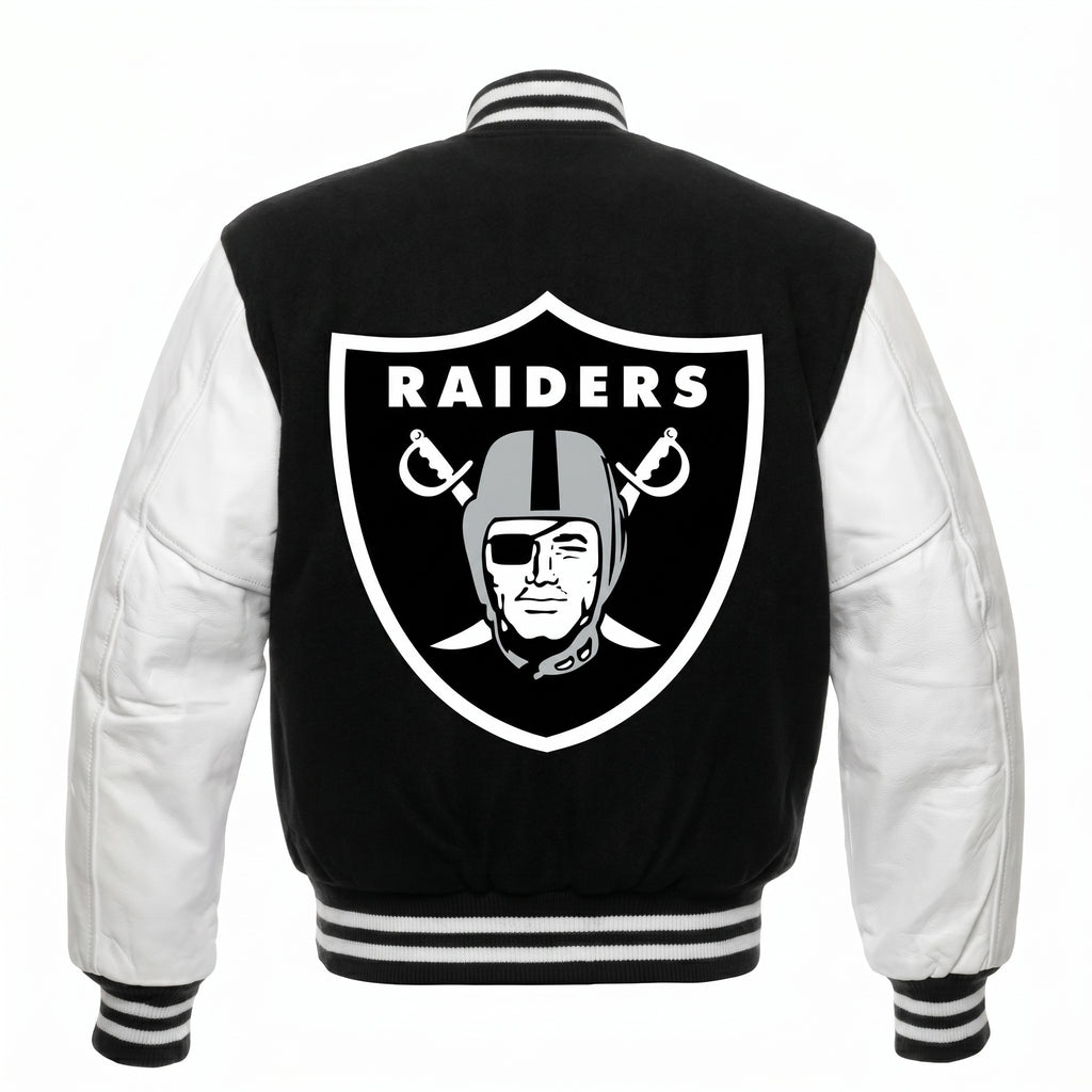 Men’s Black & White Varsity Jacket – Letterman Jacket with Leather Sleeves – Classic College Bomber