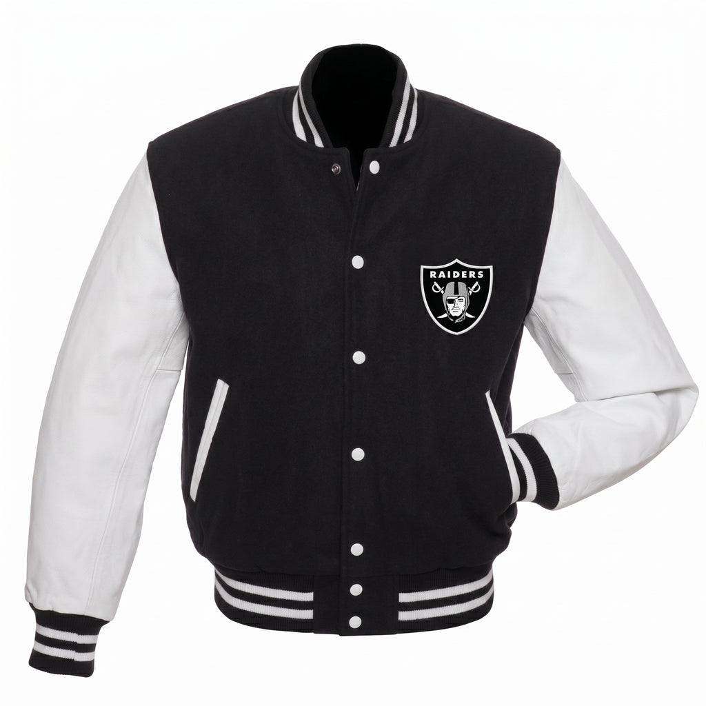 Men’s Black & White Varsity Jacket – Letterman Jacket with Leather Sleeves – Classic College Bomber