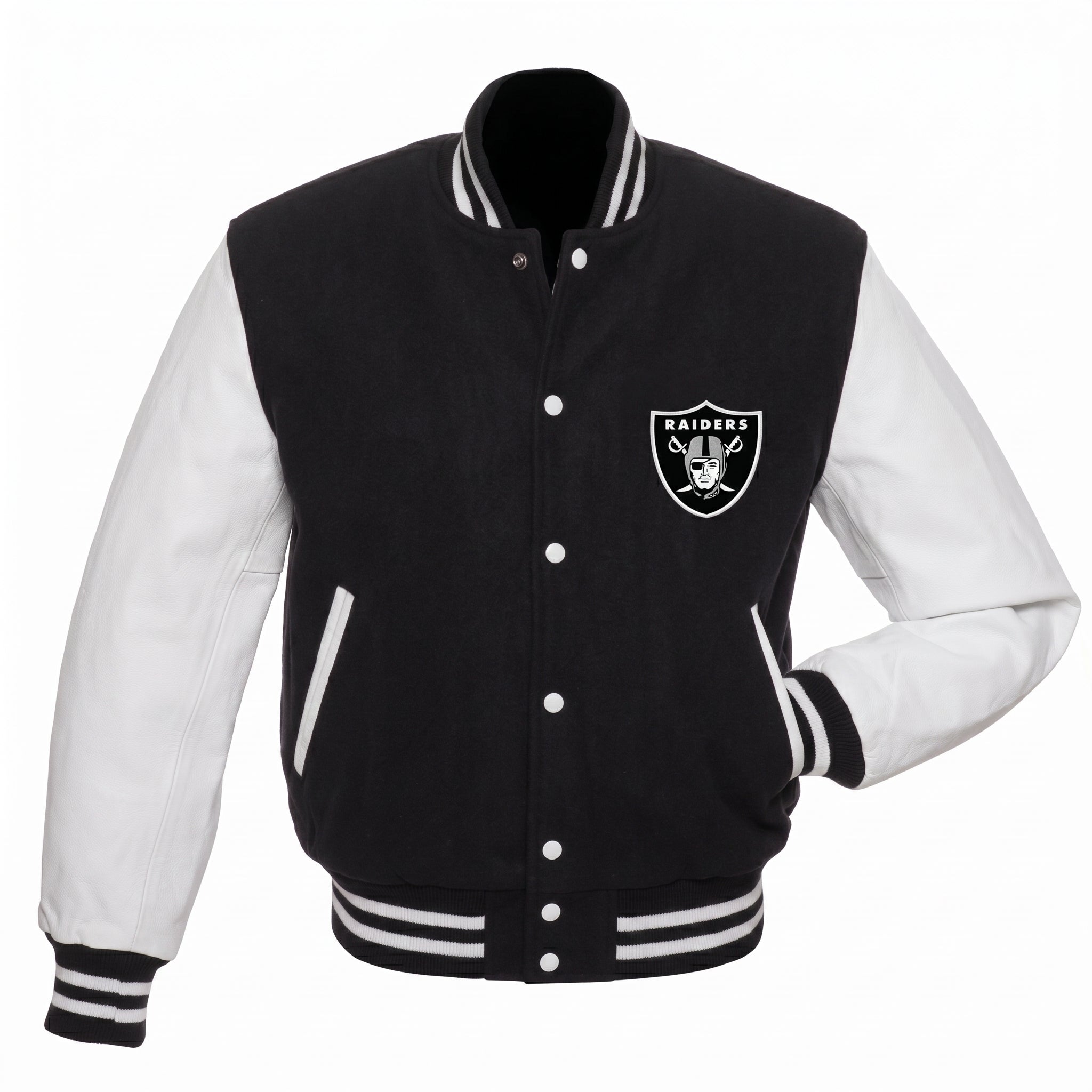 Men’s Black & White Varsity Jacket – Letterman Jacket with Leather Sleeves – Classic College Bomber