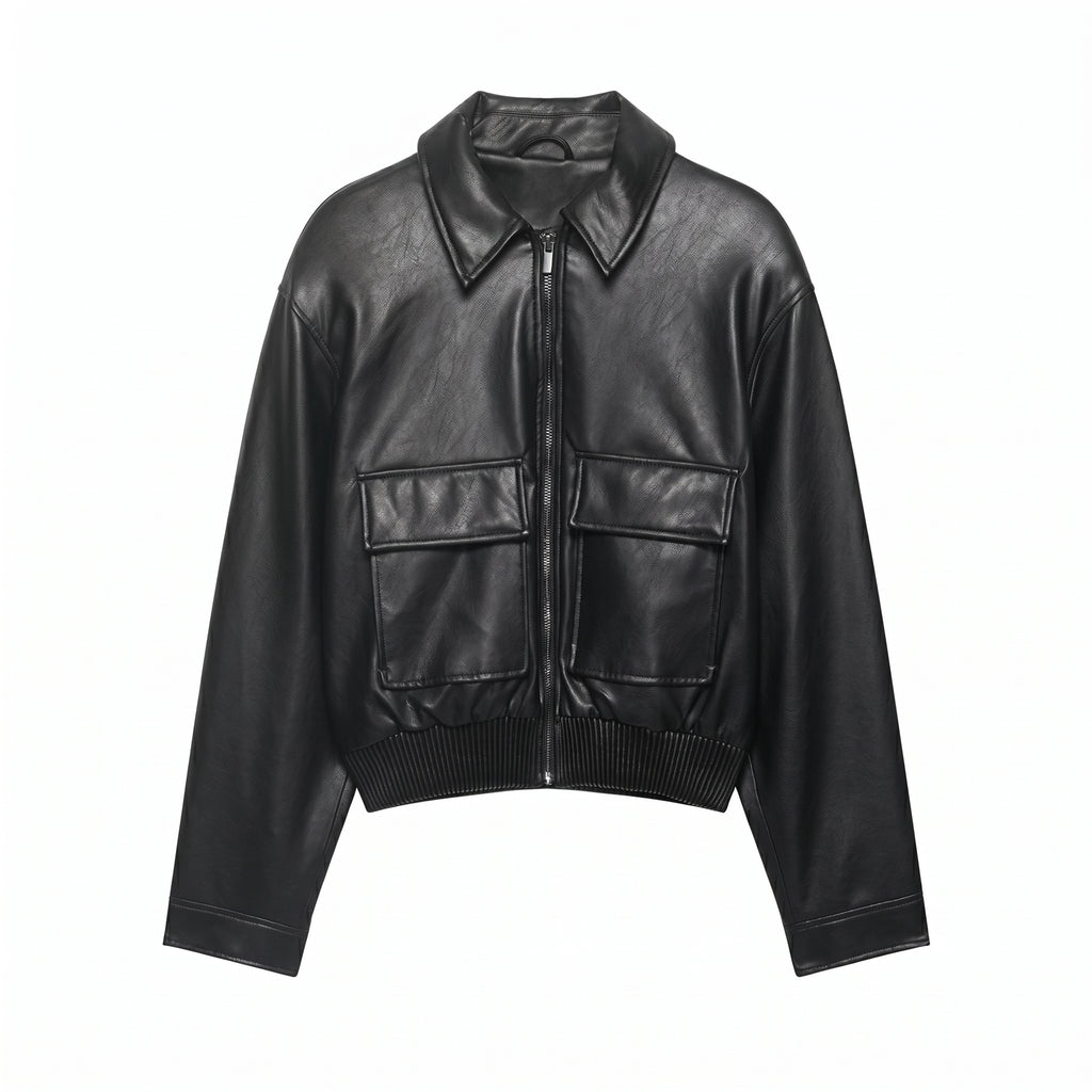 Black Cropped Leather Jacket Women, Oversized Faux Leather Bomber