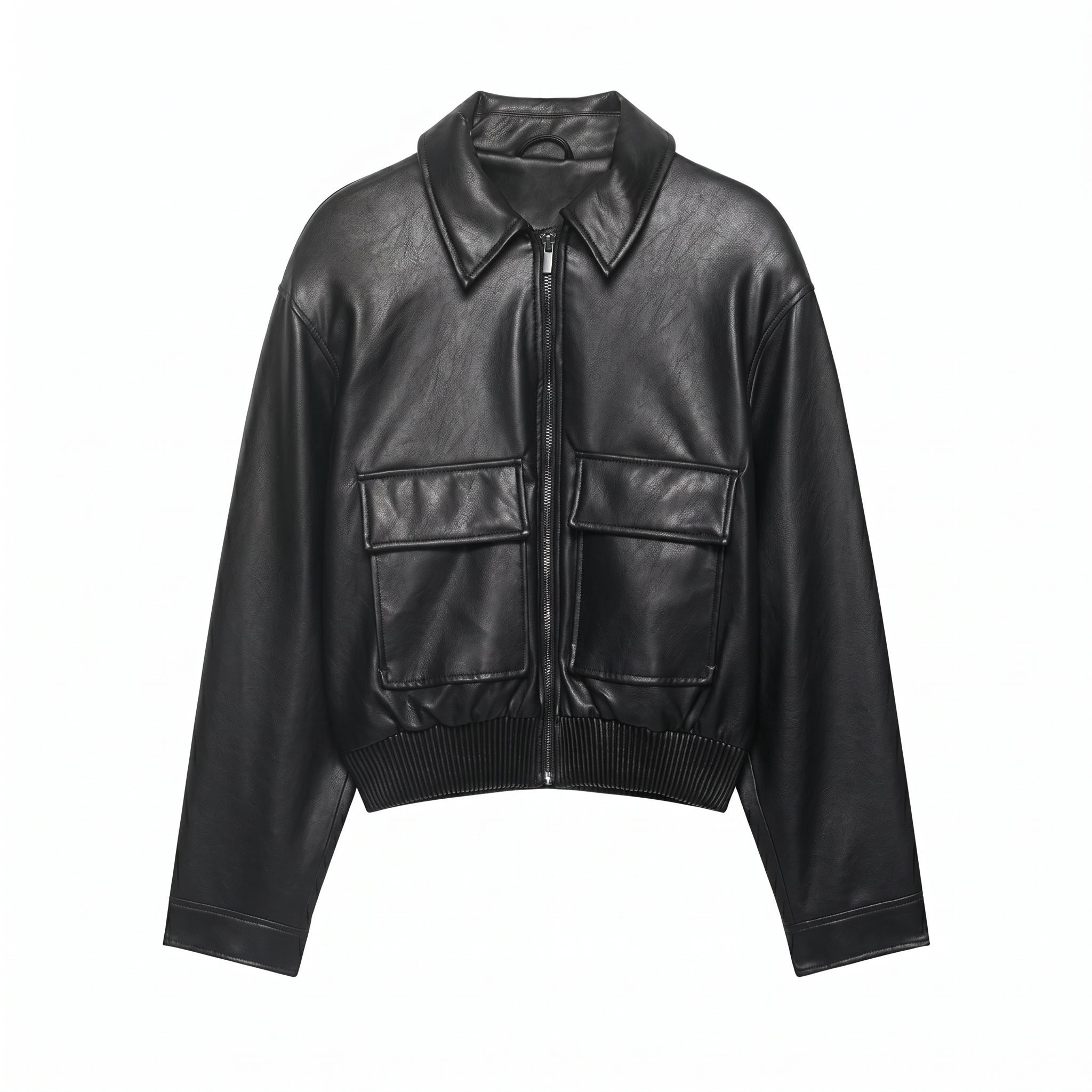 Black Cropped Leather Jacket Women, Oversized Faux Leather Bomber