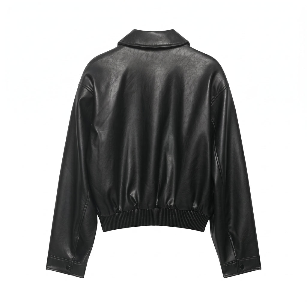Black Cropped Leather Jacket Women, Oversized Faux Leather Bomber