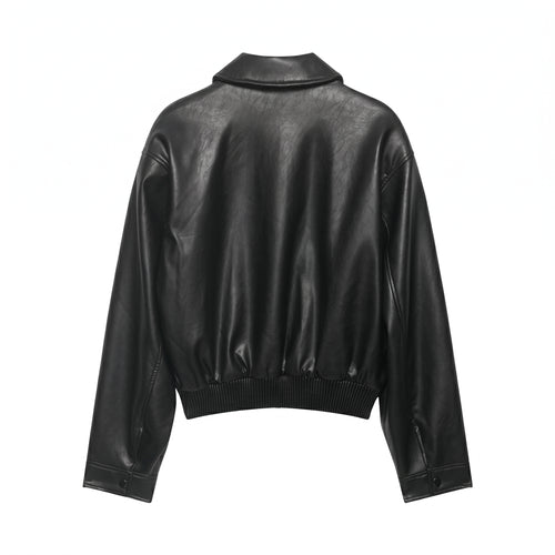 Black Cropped Leather Jacket Women, Oversized Faux Leather Bomber