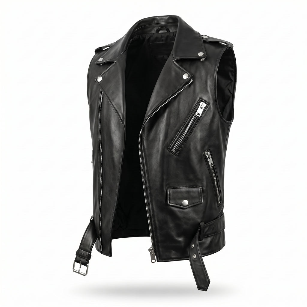 Hand made sleeveless jacket I ASC Black Faux Leather Biker Vest