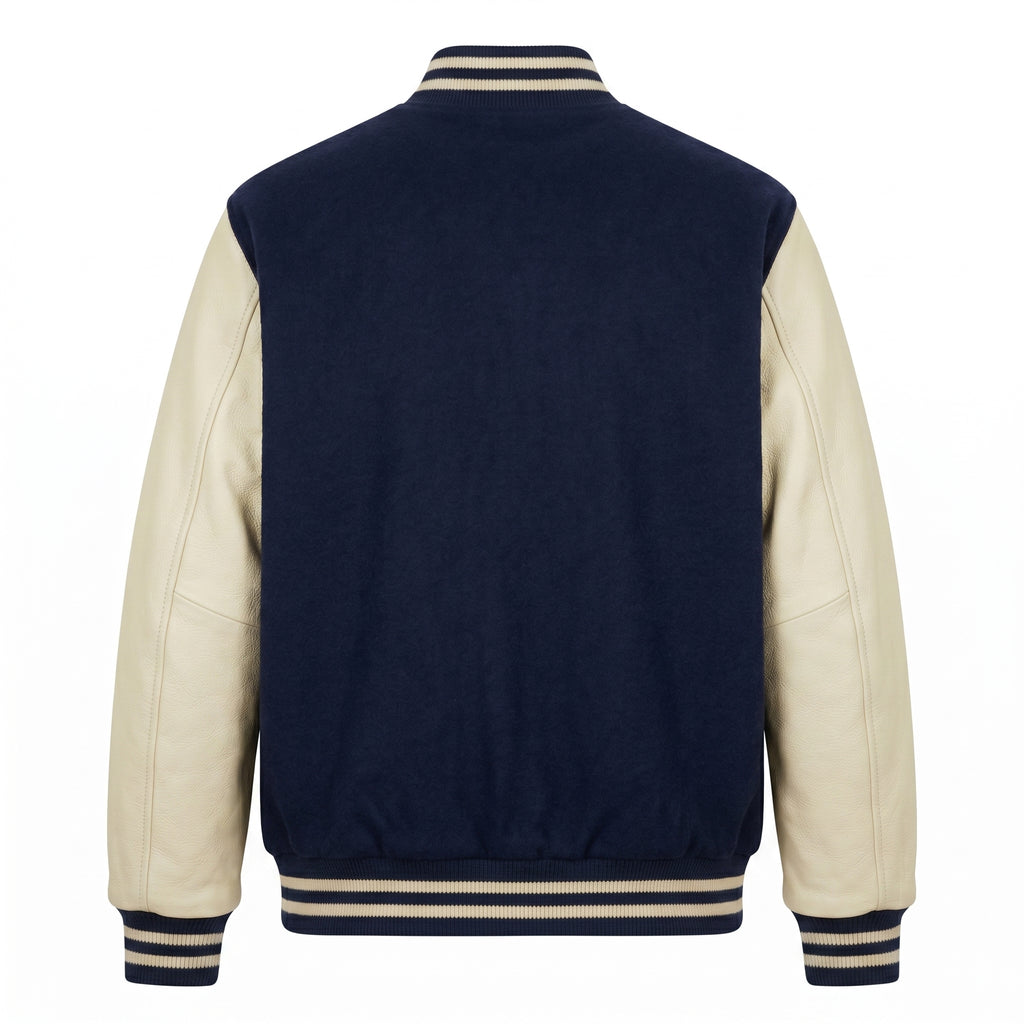 ASC Men's Varsity Letterman Jacket - Navy Blue Wool & Cream Leather Bomber