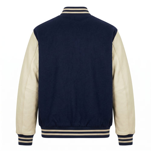 ASC Men's Varsity Letterman Jacket - Navy Blue Wool & Cream Leather Bomber
