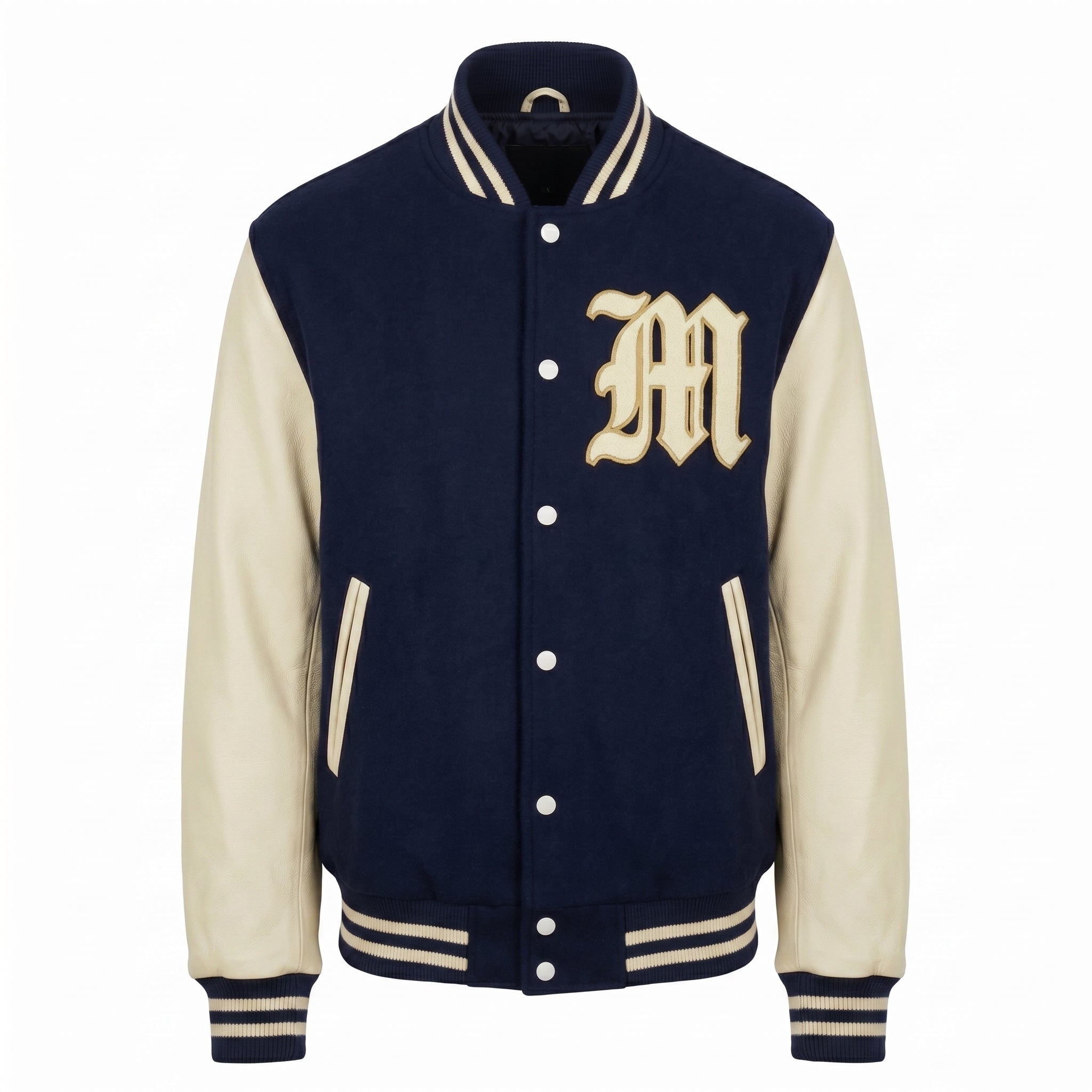 ASC Men's Varsity Letterman Jacket - Navy Blue Wool & Cream Leather Bomber
