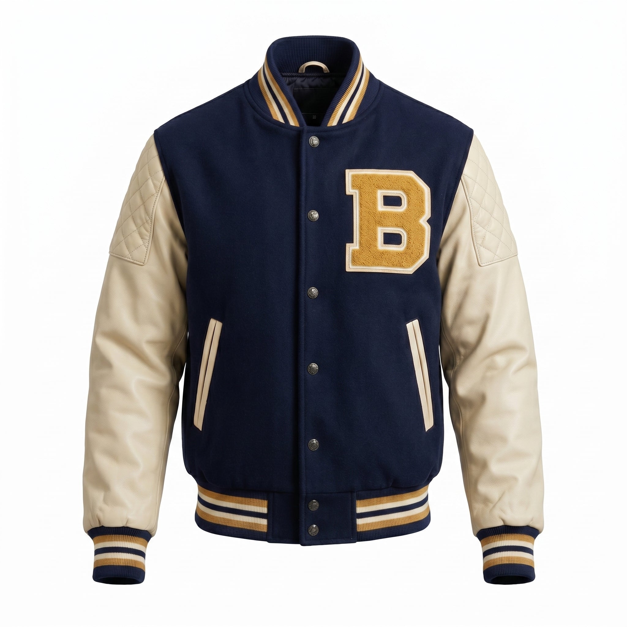 Custom Letterman Varsity Jacket Men | Navy & Cream Bomber Jacket | Initial “B” Patch