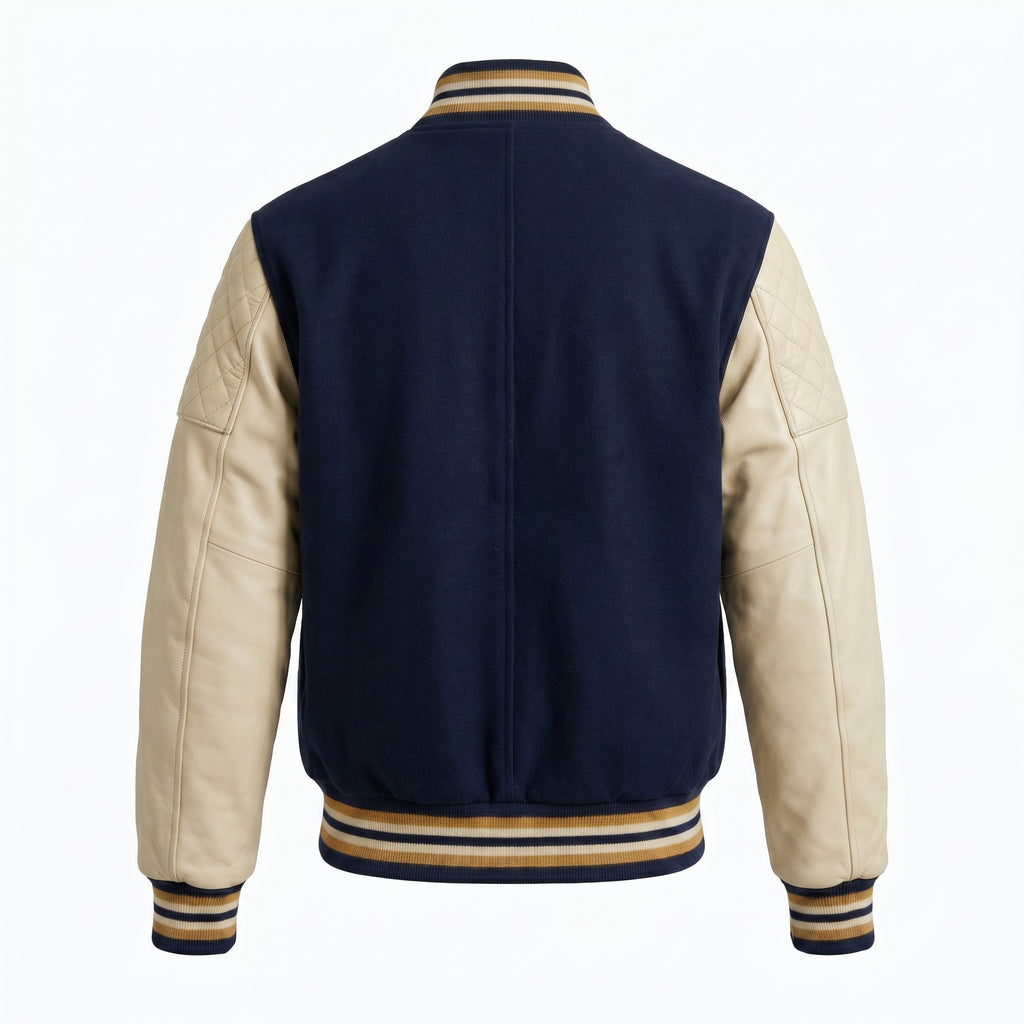 Custom Letterman Varsity Jacket Men | Navy & Cream Bomber Jacket | Initial “B” Patch