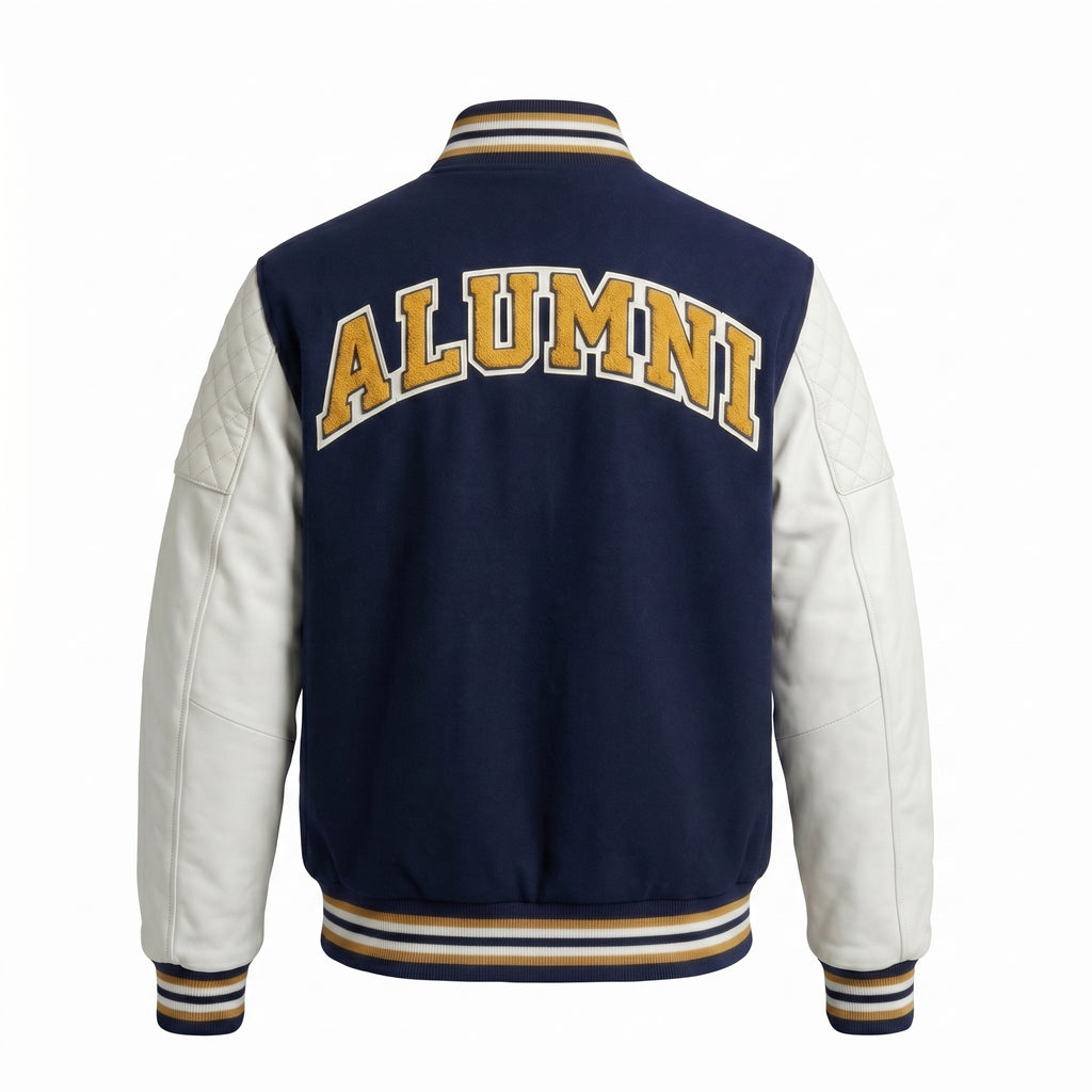 Custom Alumni Varsity Jacket Men | Navy & White Letterman Jacket | College Style Bomber
