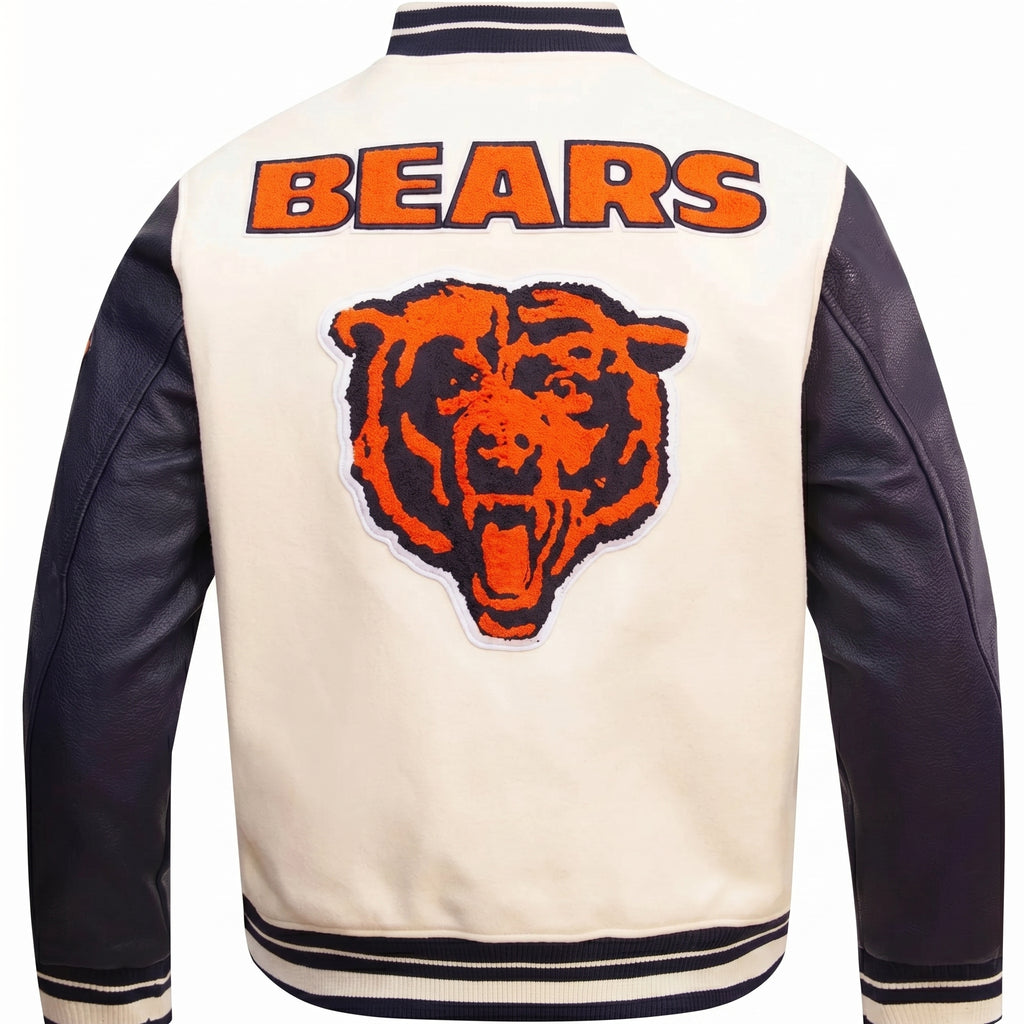 Chicago Bears Varsity Jacket - Cream and Navy Blue Letterman Jacket - Full Embroidery Bear Football Patch Streetwear Jacket