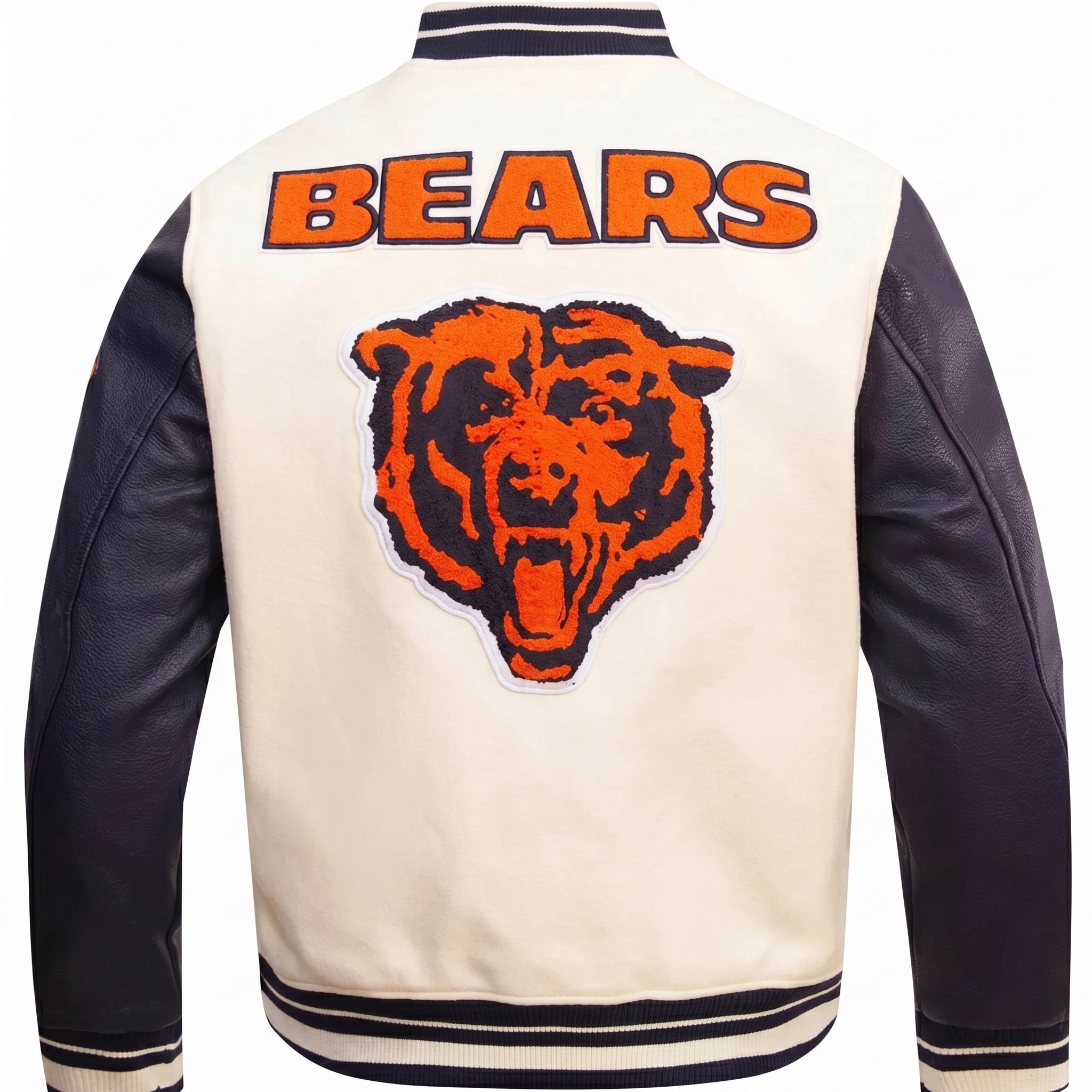 Chicago Bears Varsity Jacket - Cream and Navy Blue Letterman Jacket - Full Embroidery Bear Football Patch Streetwear Jacket