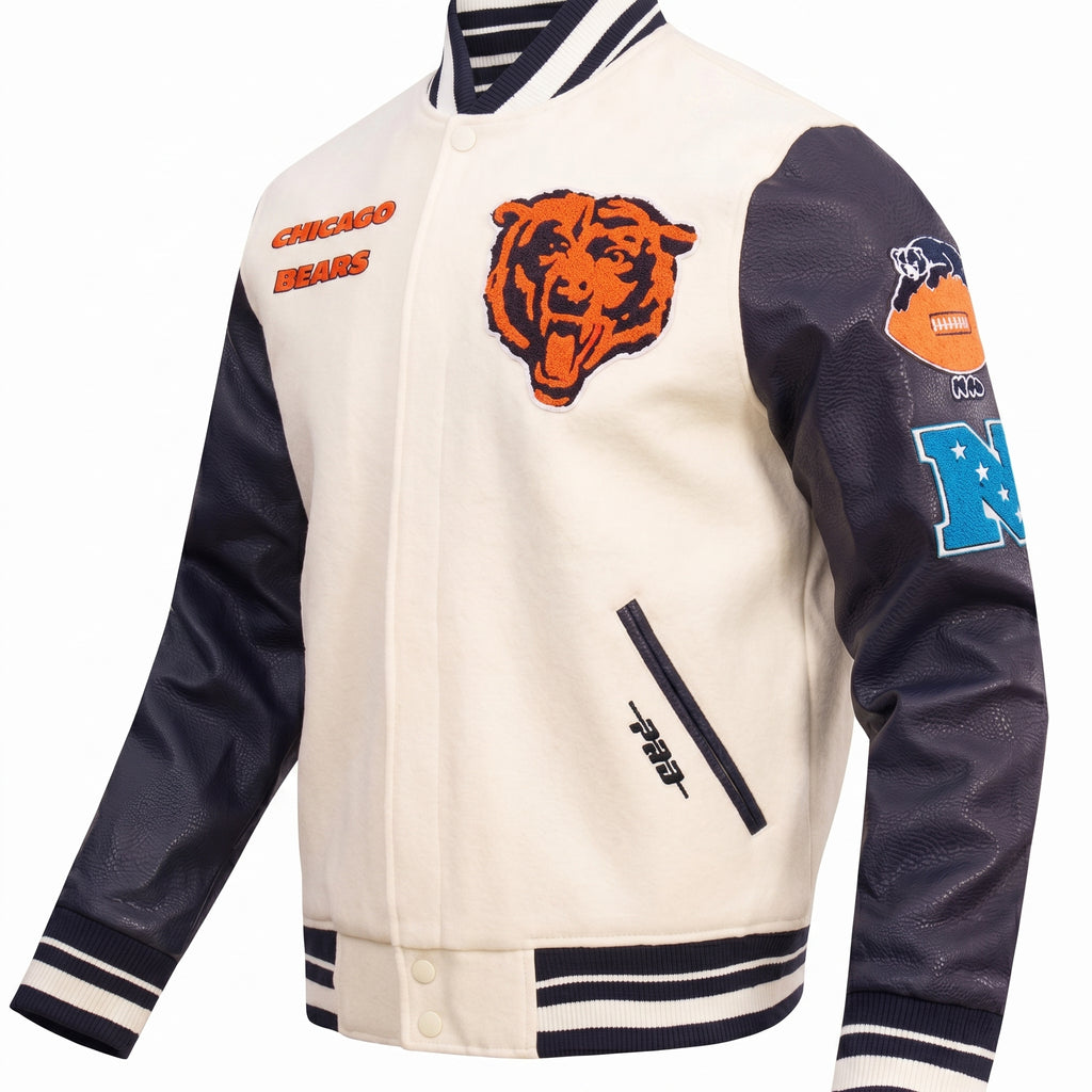Chicago Bears Varsity Jacket - Cream and Navy Blue Letterman Jacket - Full Embroidery Bear Football Patch Streetwear Jacket