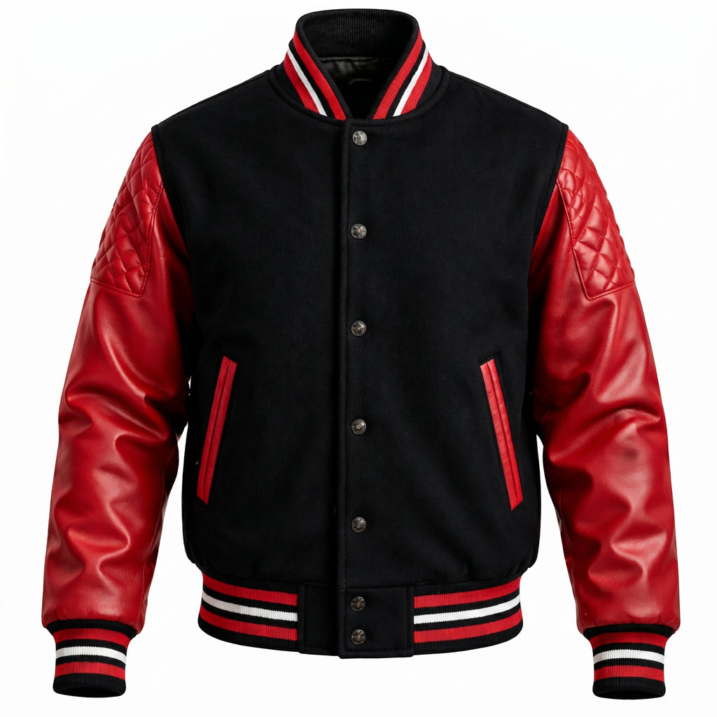 Black Varsity Jacket with Red Leather Sleeves | Quilted Bomber Jacket Men Women | Streetwear College