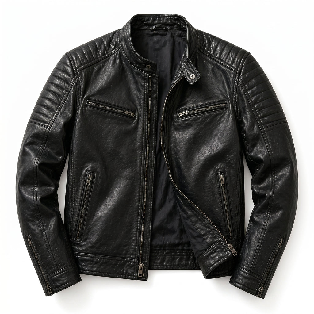 Black Leather Biker Jacket Men | Moto Jacket | Quilted Shoulder