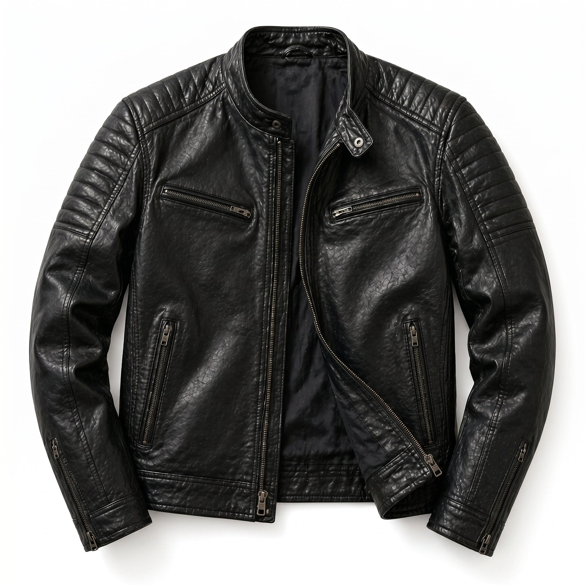 Black Leather Biker Jacket Men | Moto Jacket | Quilted Shoulder