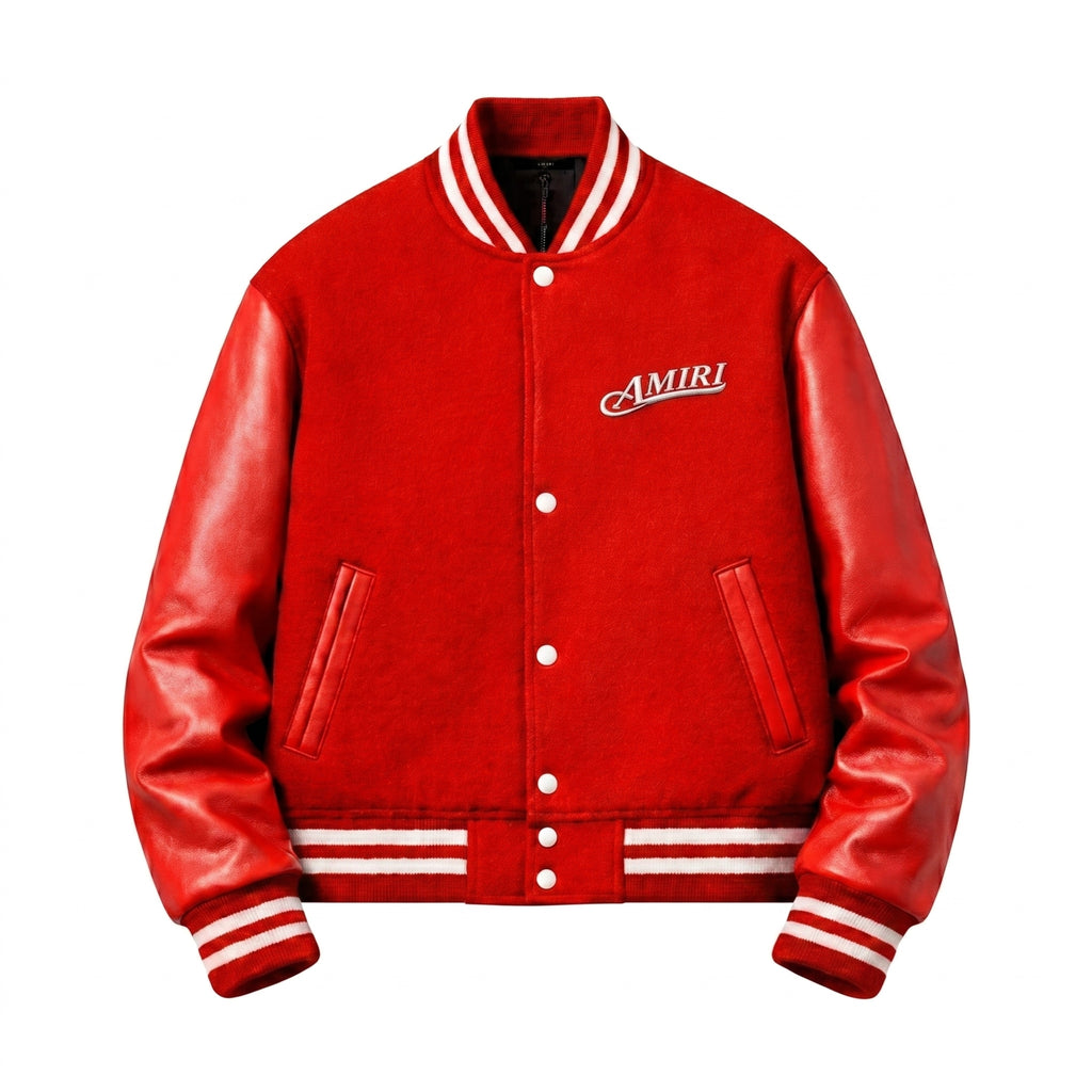 red amri Leather Sleeve Bomber Jacket