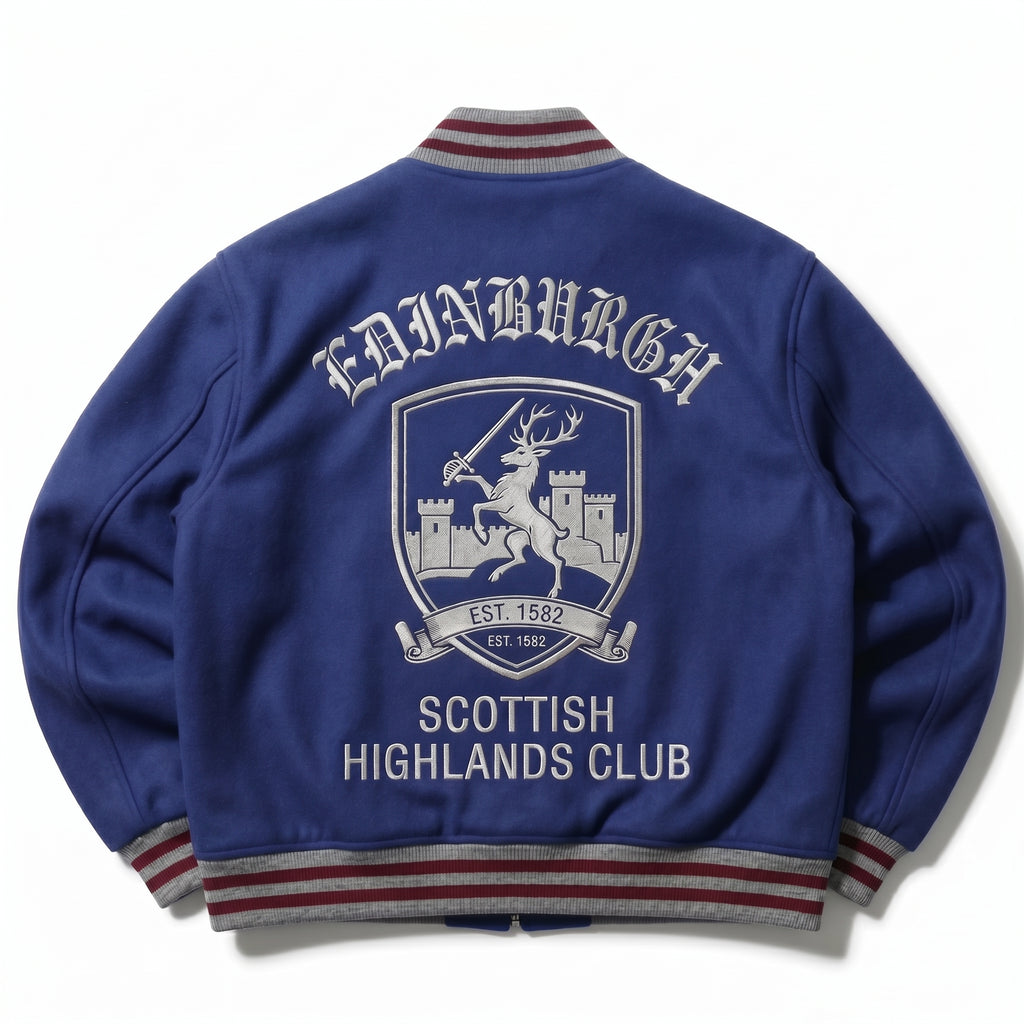 Varsity Jacket - Scottish Highlands Club Bomber Jacket - Blue Oversized Streetwear - Letterman Coat