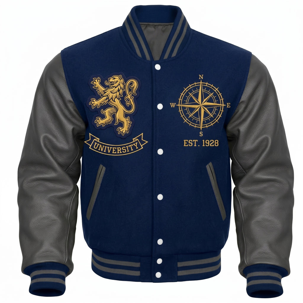 Men’s Varsity Jacket Blue Wool Grey Leather Sleeves, Lion Embroidered Bomber Jacket