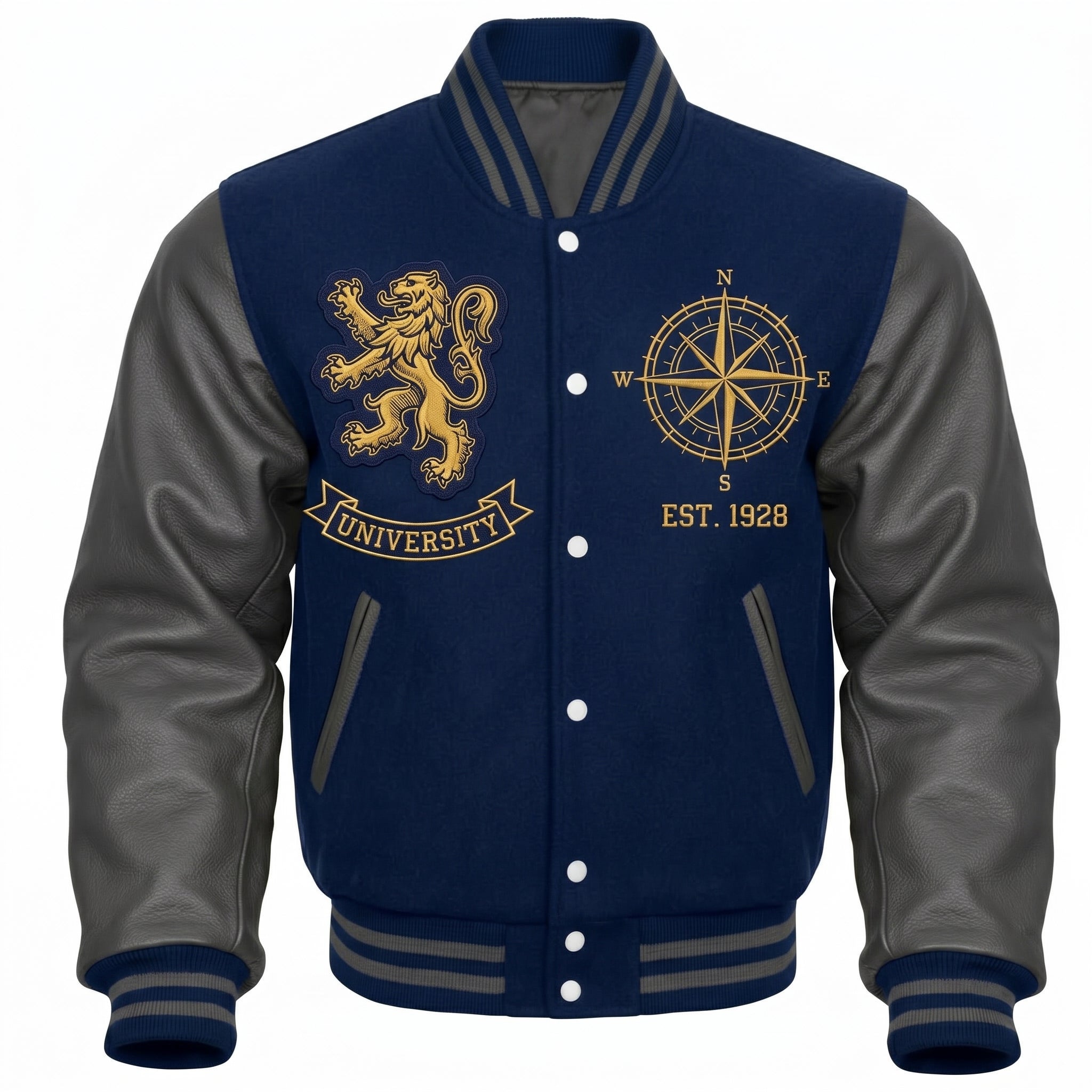 Men’s Varsity Jacket Blue Wool Grey Leather Sleeves, Lion Embroidered Bomber Jacket