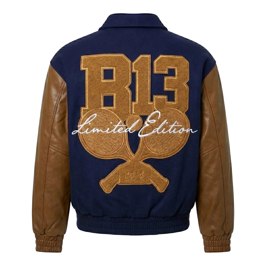 Navy Wool & Brown Leather Varsity Jacket - Limited Edition B13 Letterman Bomber