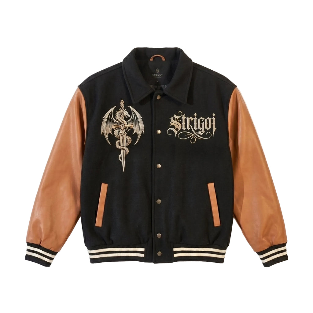 Strigoi Dragon Embroidered Varsity Jacket - Black Wool & Brown Leather Streetwear Bomber