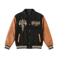 Strigoi Dragon Embroidered Varsity Jacket - Black Wool & Brown Leather Streetwear Bomber