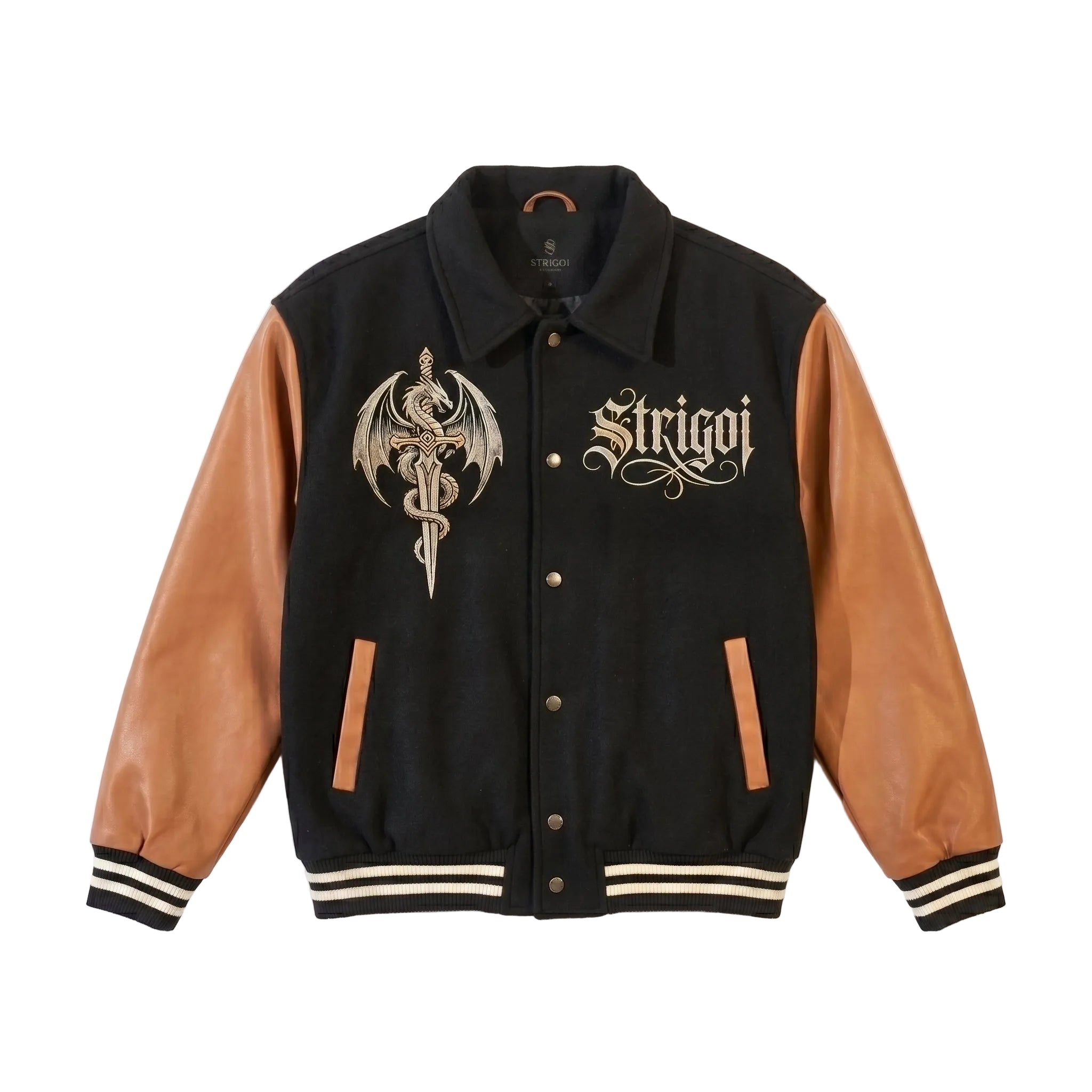 Strigoi Dragon Embroidered Varsity Jacket - Black Wool & Brown Leather Streetwear Bomber