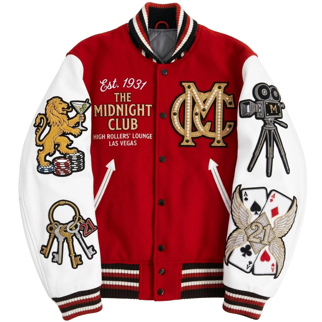 Midnight Club Las Vegas Varsity Jacket - Premium Red Wool & White Leather High Rollers Letterman Jacket