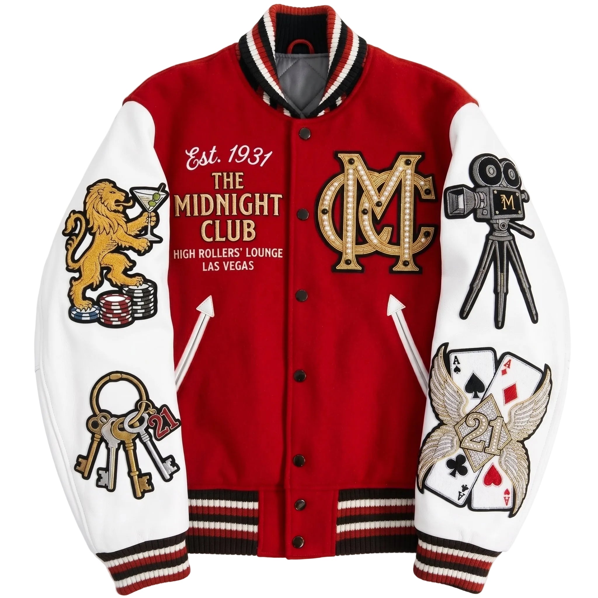 Midnight Club Las Vegas Varsity Jacket - Premium Red Wool & White Leather High Rollers Letterman Jacket