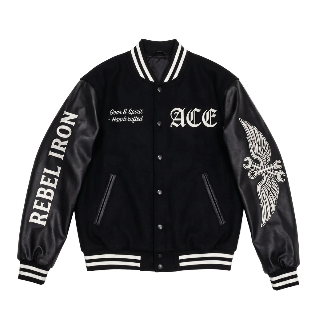 ACE "Rebel Iron" Custom Varsity Jacket – Premium Black Wool & Faux Leather Biker Bomber