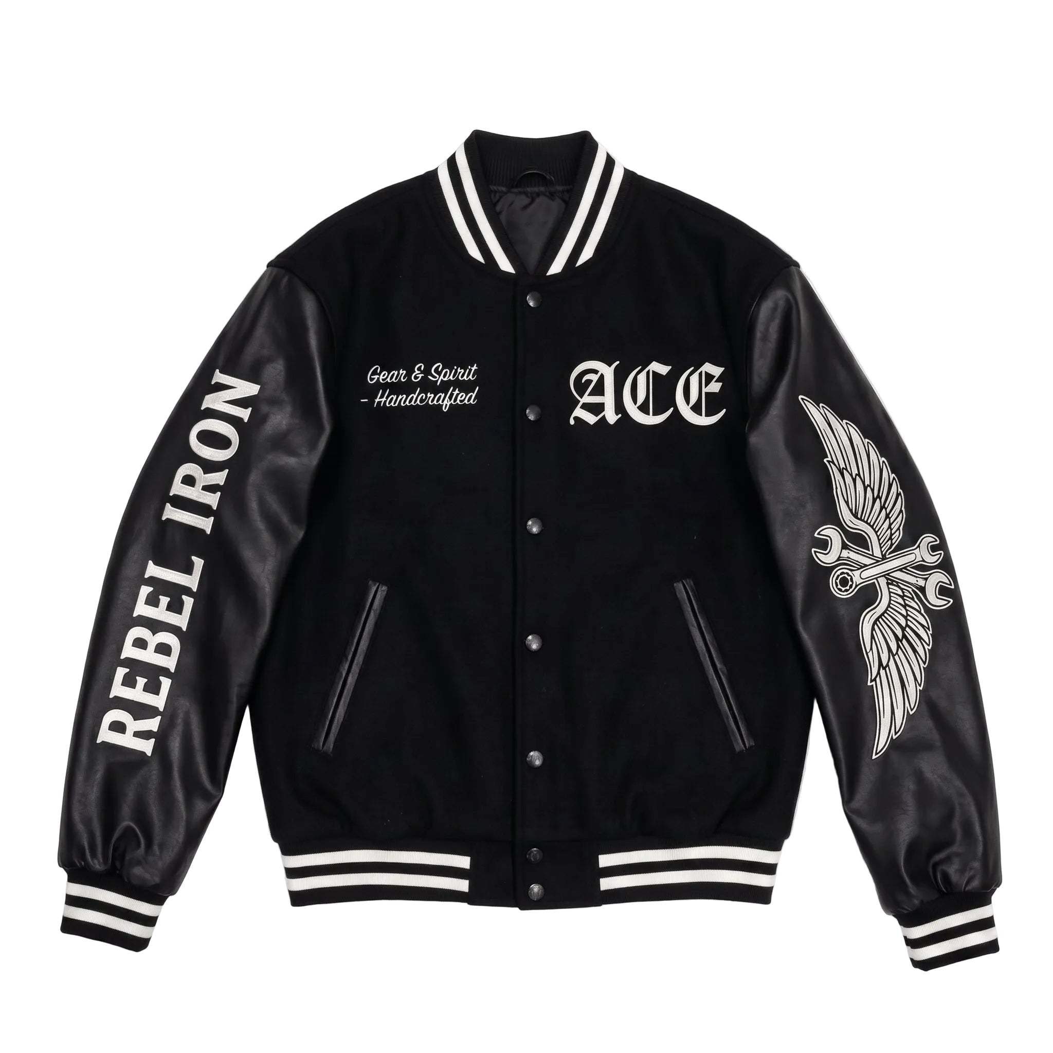 ACE "Rebel Iron" Custom Varsity Jacket – Premium Black Wool & Faux Leather Biker Bomber