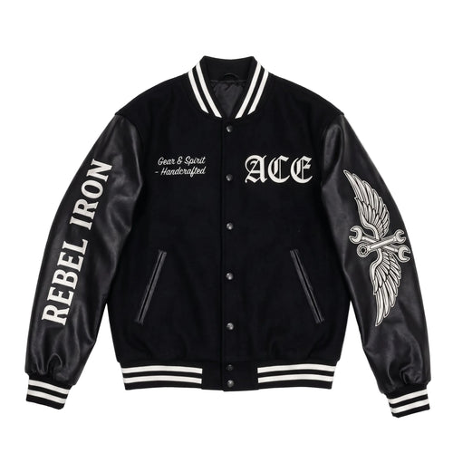 ACE "Rebel Iron" Custom Varsity Jacket – Premium Black Wool & Faux Leather Biker Bomber