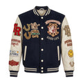 Navy Wool & Cream Leather Varsity Jacket - Embroidered Heritage Letterman Bomber