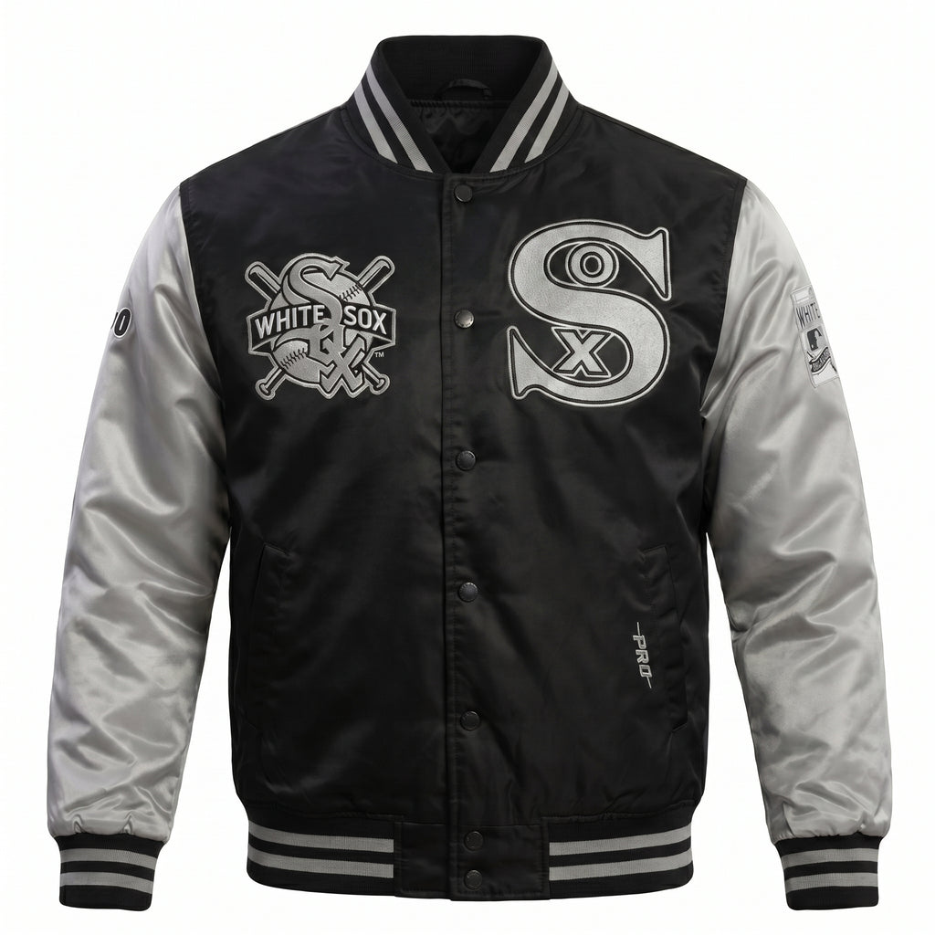 Chicago White Sox Satin Bomber Varsity Jacket - Faded Black & Silver Letterman Baseball Jacket